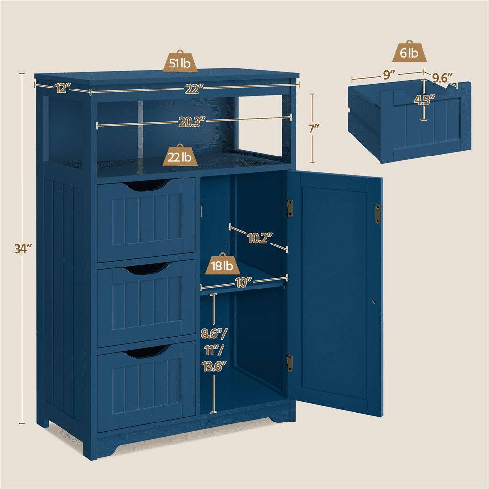 Yaheetech Wooden Floor Cabinet w/ Multi-Tiers & 3 Drawers, Navy Blue