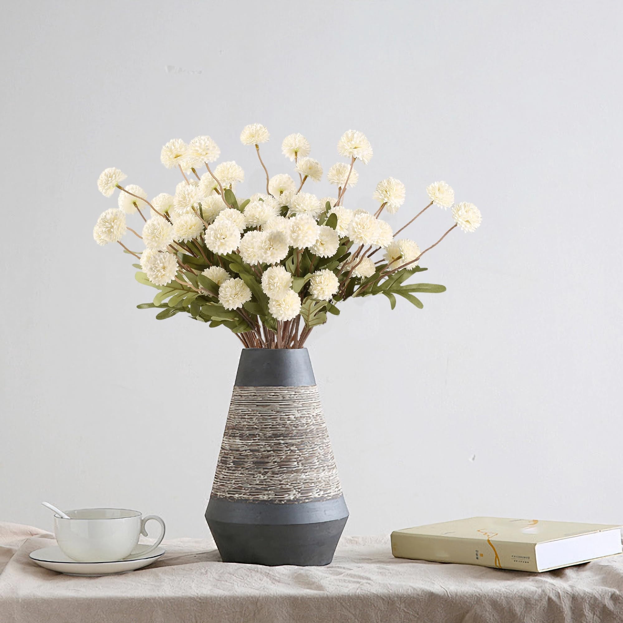 Beige Fake Flowers Long Stem 10PCS, Artificial Flowers Silk Mini Chrysanthemums for Vase, Fake Pompon Mums Vintage Dried Faux Decorative for Home Centerpieces Farmhouse