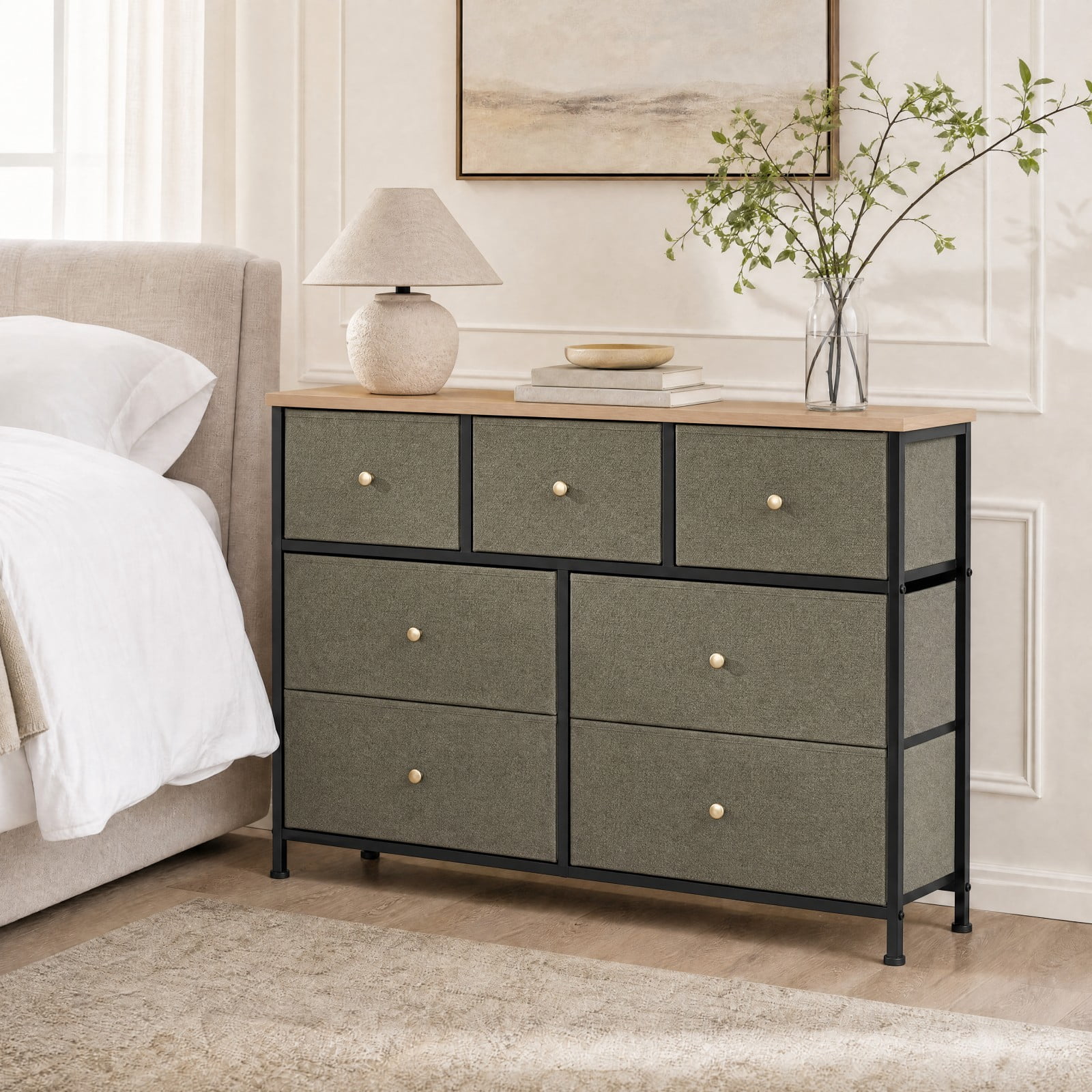 Telyra 7-Drawer Fabric Dresser TV Stand Organizer with Wood Top and Metal Frame Wide Storage Chest, Greyish Green