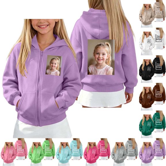 NAISIBABY Girls' Fleece-Lined Sweatshirt – Solid Color Long Sleeve Hooded Zip-Up Casual Jacket Purple Size 9