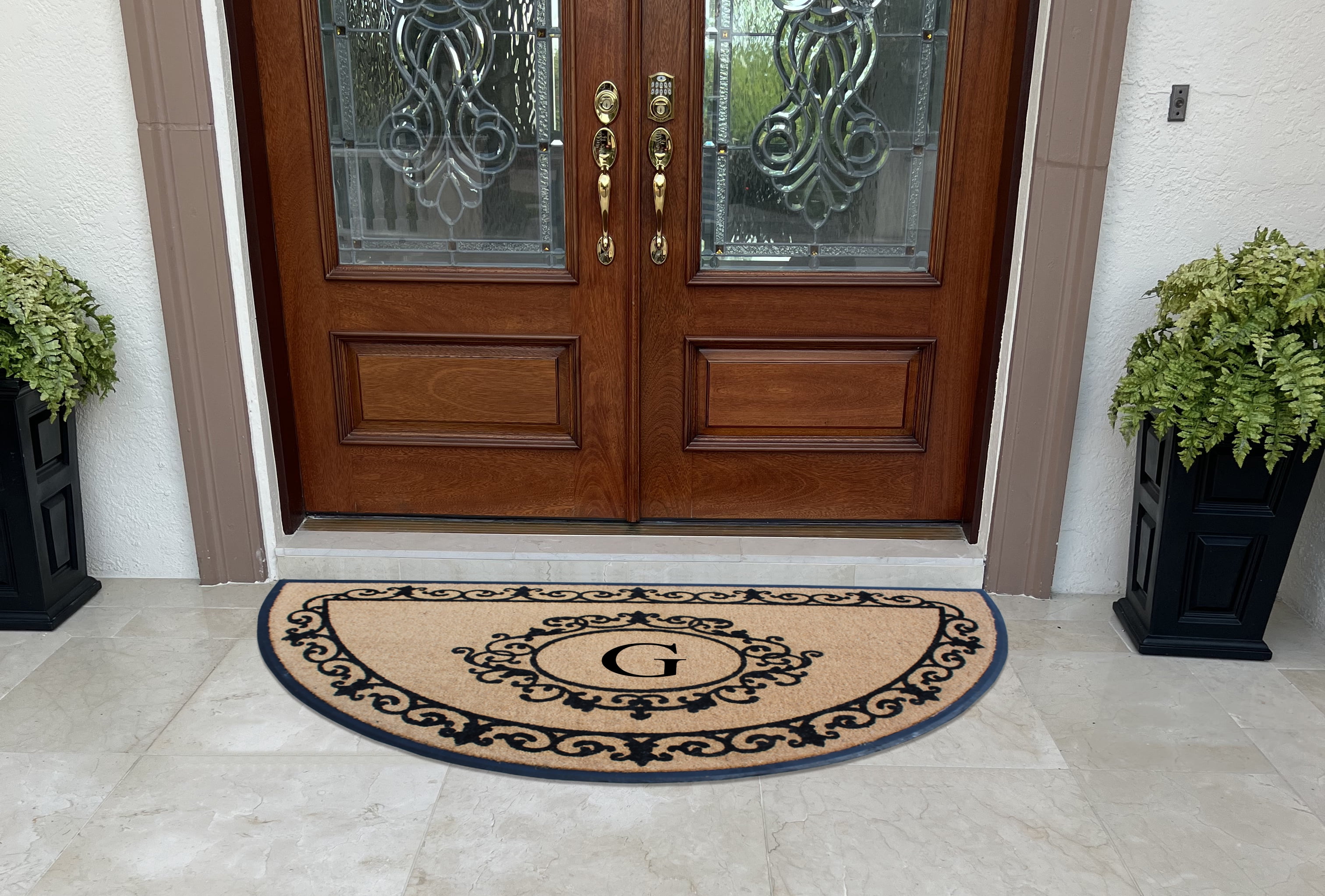A1HC Heavy-Duty Semi-Circular Coir and Rubber Doormat, 36"x72" Hand-Flocked Monogrammed Front Porch Entrance Rug with Floral Design