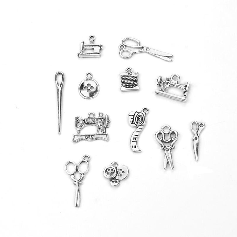 12Pcs Mixed Tibetan Silver Charms Scissors Buttons Pendants DIY Jewelry Finding< 