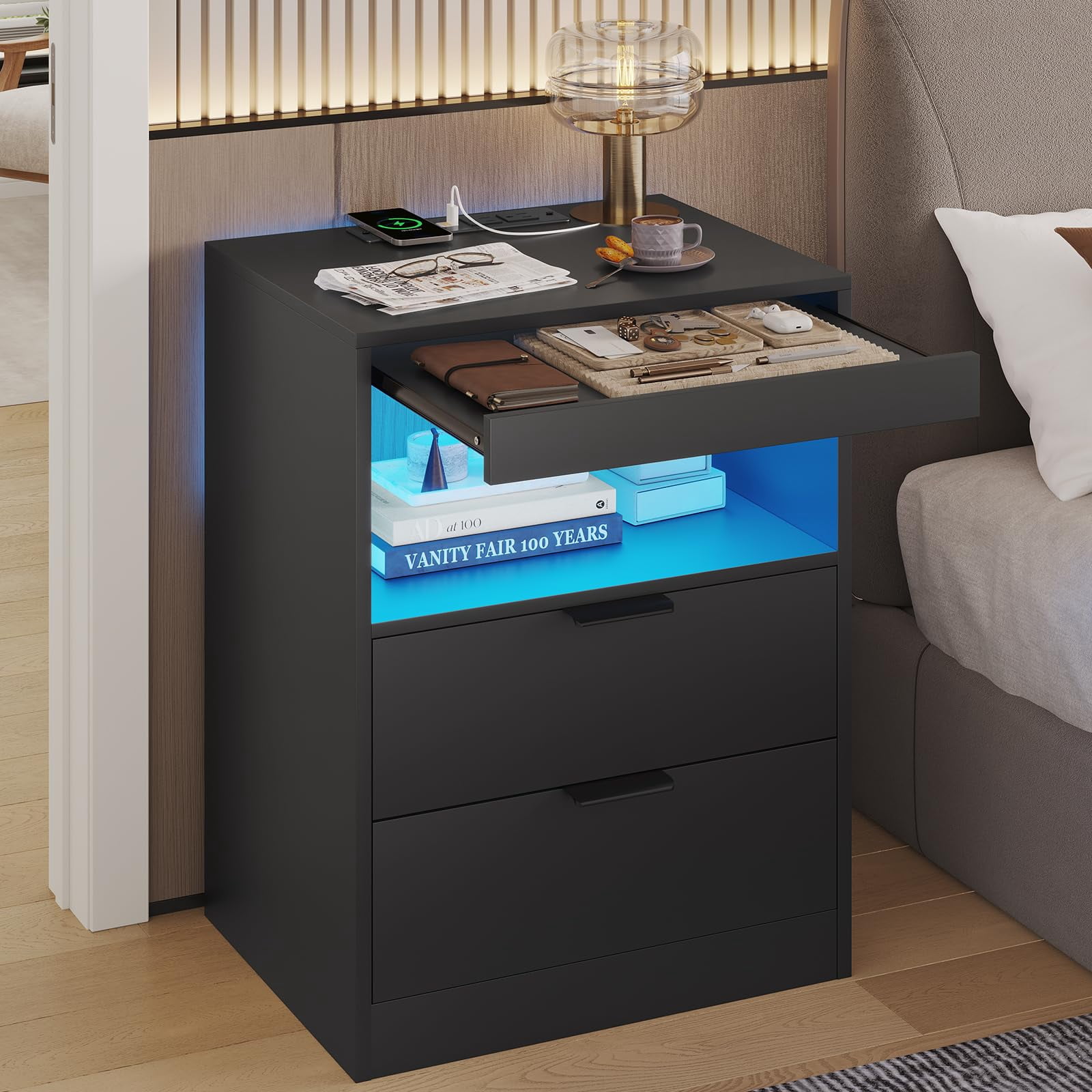 Black Nightstand Set of 2, Nightstand with LED Light and Wireless Charging Station, Night Stand with Drawers & Pull-Out Shelf, Modern Bedside Table with Storage, End Table Side Table