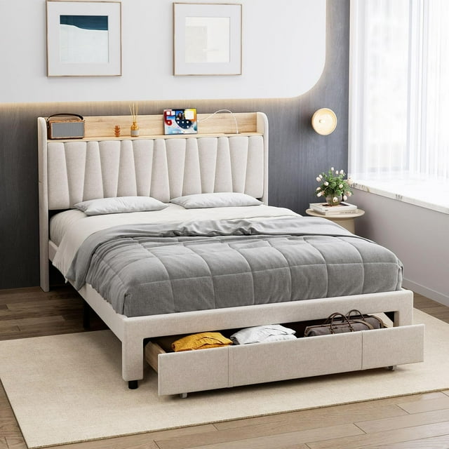 Bed Frame with Storage Headboard and Drawers, Upholstered Platform Beds with Storage, USB and AC Outlets Charging Station, Noise-Free, No Box Spring Needed, Easy Assembly
