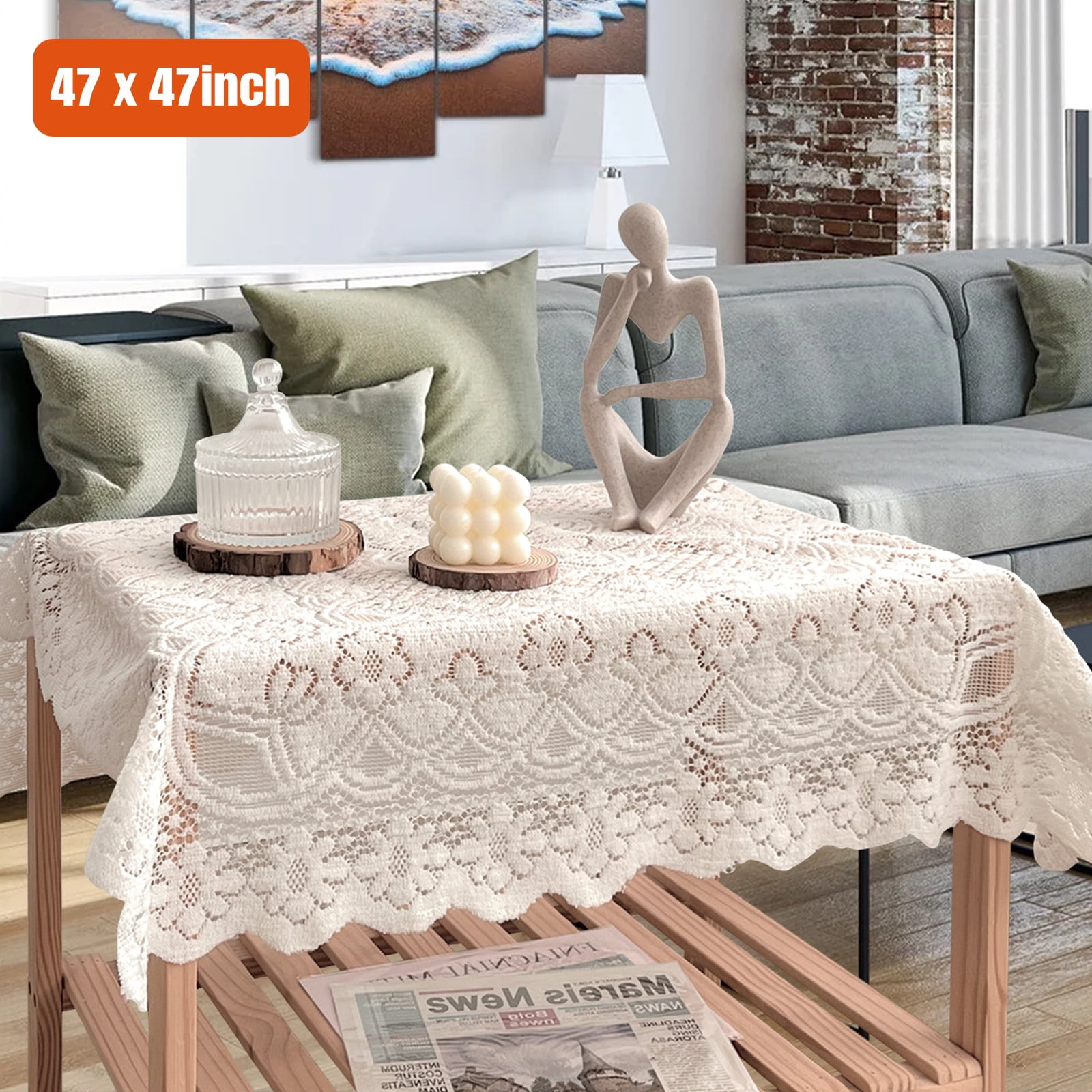 White Lace Tablecloth, EEEkit 47x47inch Square Small Table Cloth, Ivory