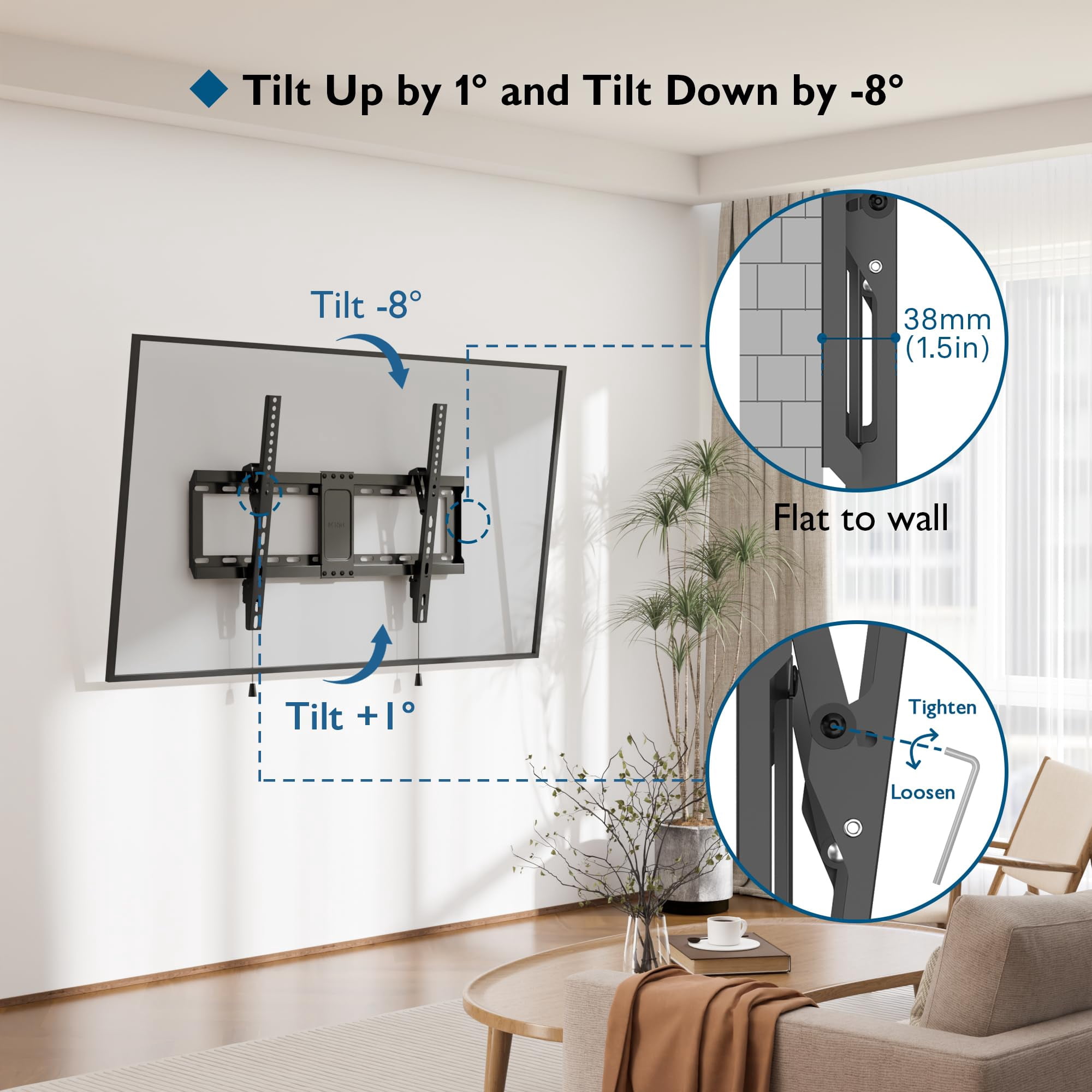 BONTEC TV Wall Mount for 37–85 Inch TVs, Tilting TV Mount Bracket for LED LCD OLED Flat Curved Screens, Low Profile 1.5in Design, Max VESA 600x400mm, Supports up to 132lbs, Fits 55 65 75 85 Inch