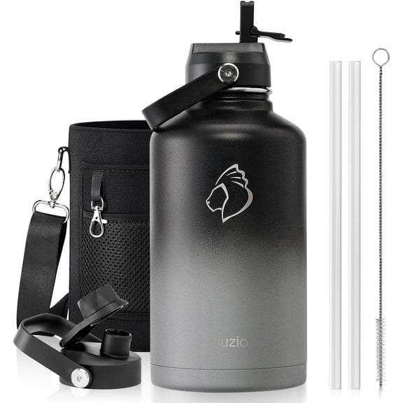 BUZIO 64 oz Insulated Water Bottle Stainless Steel Sports Half Gallon Wide Mouth Large Water Jug Flask with Straw Lid and Spout Lid for Gym Sports,Piano Night