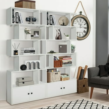 Gymax 2PCS 6-tier Geometric Bookcase S-shaped Z-shelf Bookshelf Cabinet w/ Doors White