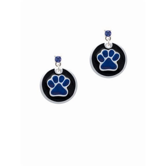 3/4'' Navy Blue Paw in Black Circle - Blue Crystal Post Earrings