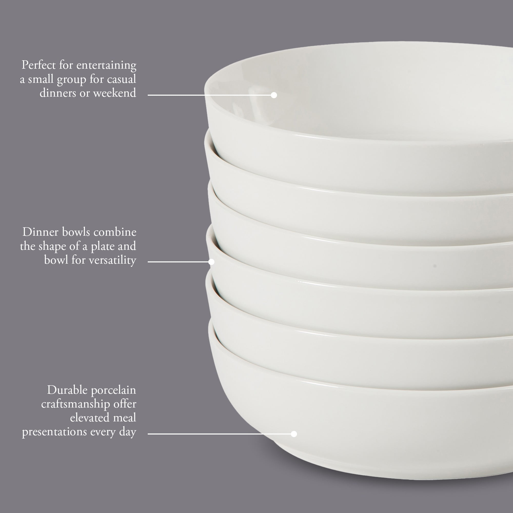Gibson Home Zen Buffet 6-Piece 41oz Large Pasta Bowls Porcelain Ceramic Chip and Scratch Resistant Shallow Salad Bowl, Serving Bowls, Soup Bowls Set, Dishwasher & Microwave Safe White