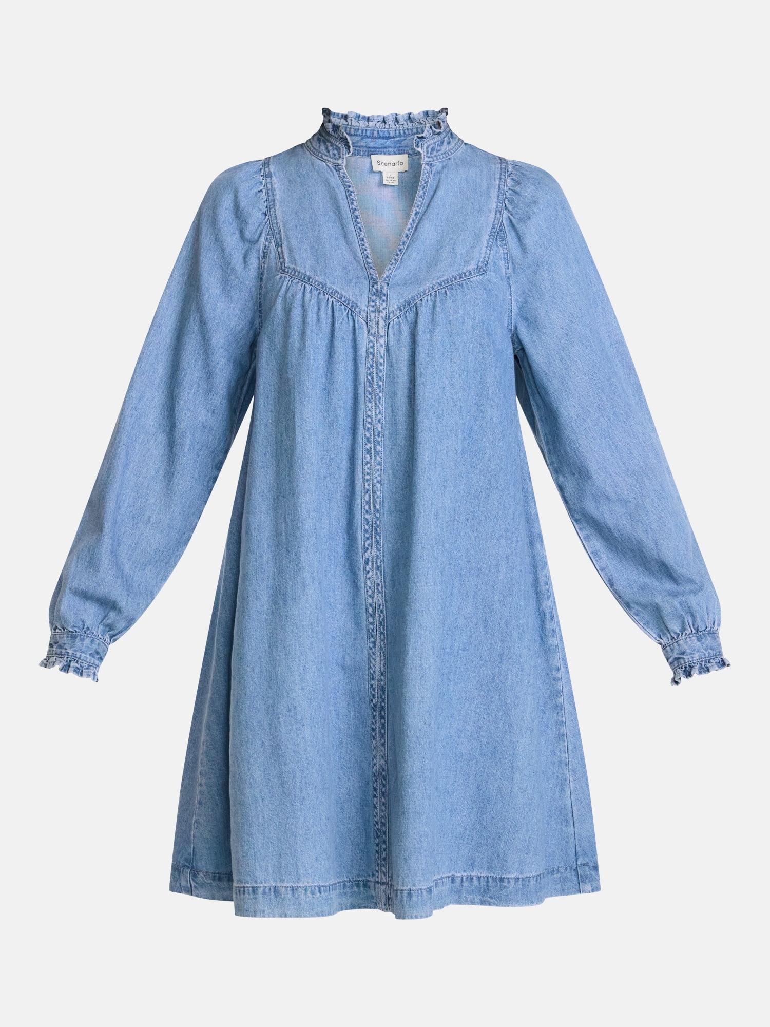 Scenario Women's Denim Mini Dress with Long Sleeves, Sizes XS-XXXL