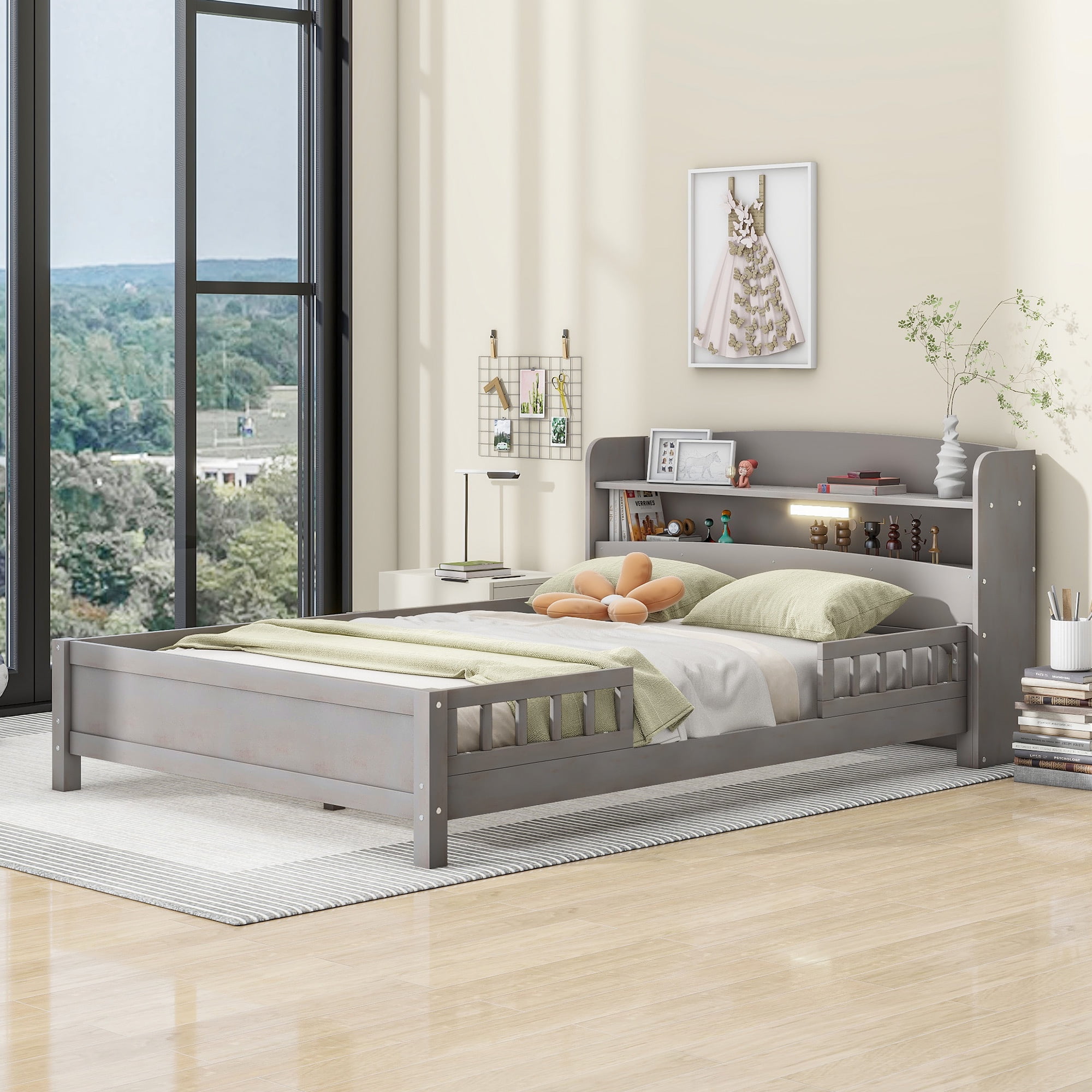 Sailvan Full Wood Platform Bed Frame with LED Light and Storage Headboard Antique Gray