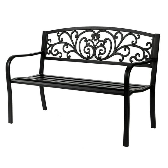IVV 50Inch Cast Iron Steel Frame Garden Bench Patio Furniture Chair Outdoor Bench w/Floral Design Backrest, Slatted Seat for Park, Yard & Porch, Black