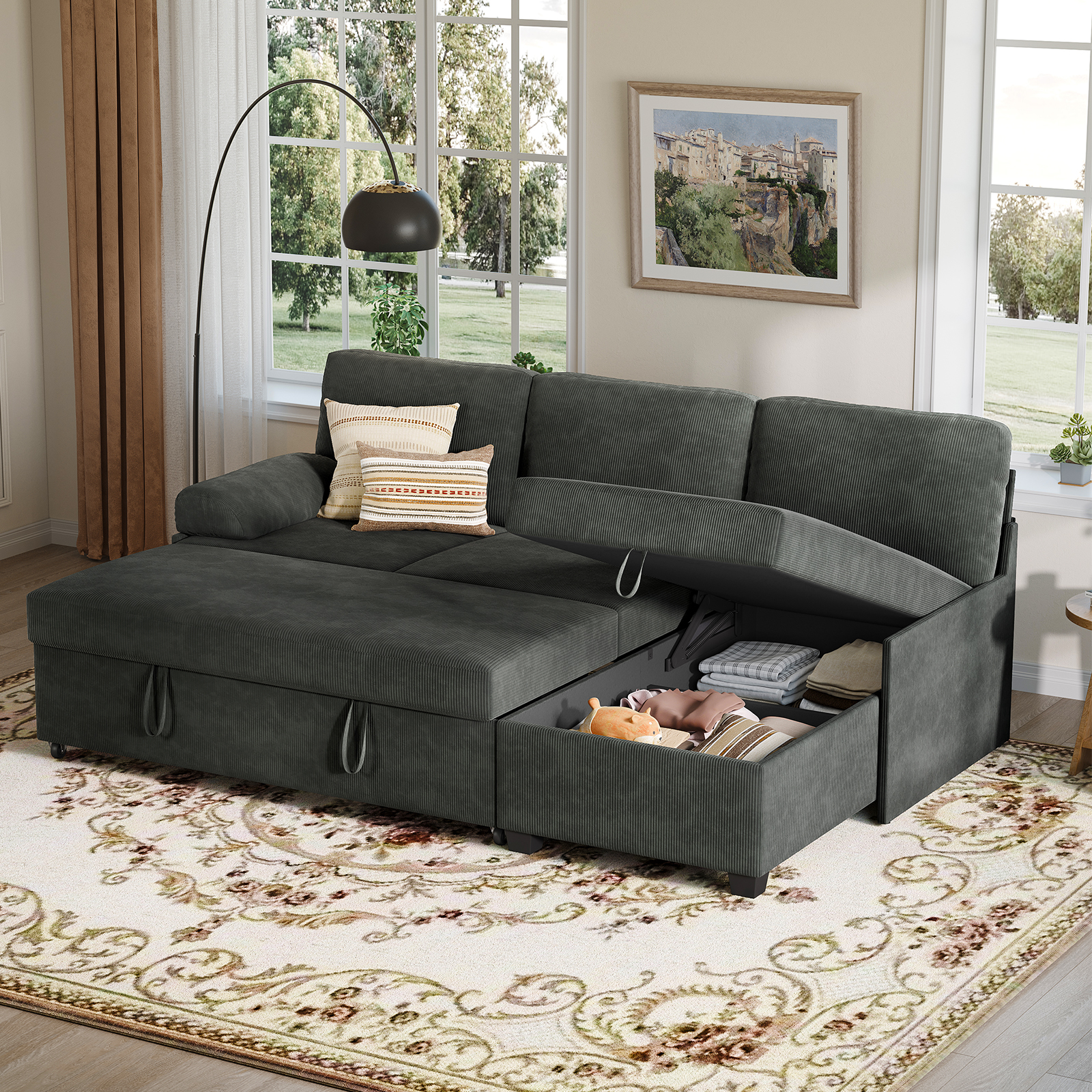 COPIAE 80 inch Convertible Sectional Sofa, L-Shaped Sofa Sleeper with Reversible Chaise,Couch Bed with Storage,Removable Armrest,Modern Pull Out Bed for Living Room Bedroom,Corduroy Gray