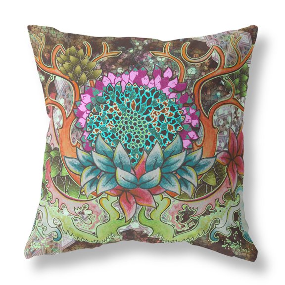 20â€ Green Orange Flower Bloom Suede Throw Pillow