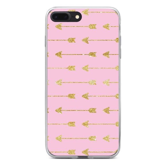 DistinctInk Clear Shockproof Hybrid Case for iPhone 7 PLUS / 8 PLUS (5.5" Screen) - TPU Bumper, Acrylic Back, Tempered Glass Screen Protector - Pink & Gold Print - Arrows Pattern