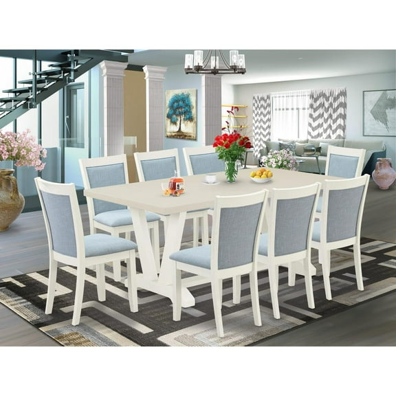 East West Furniture V-Style 9-Piece Asian Wood Dining Set in Baby Blue/White
