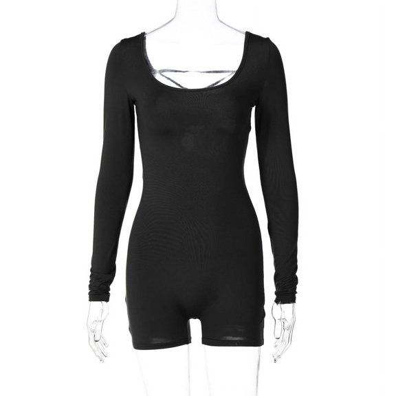 Women Backless U Collar Rompers High Waist Three-quarter Pants Long Sleeve Jumpsuit Fashion Slimming Sporty Style Strap Design