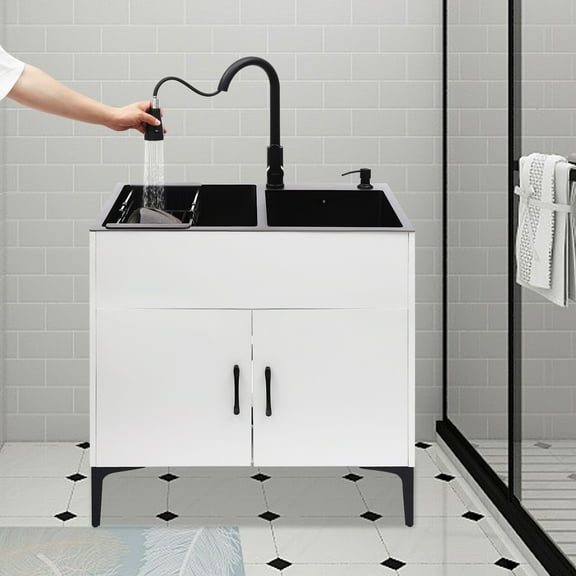 Pull-Out Sprayer Faucet Utility Sink & Stainless Steel Laundry Sink with Cabinet