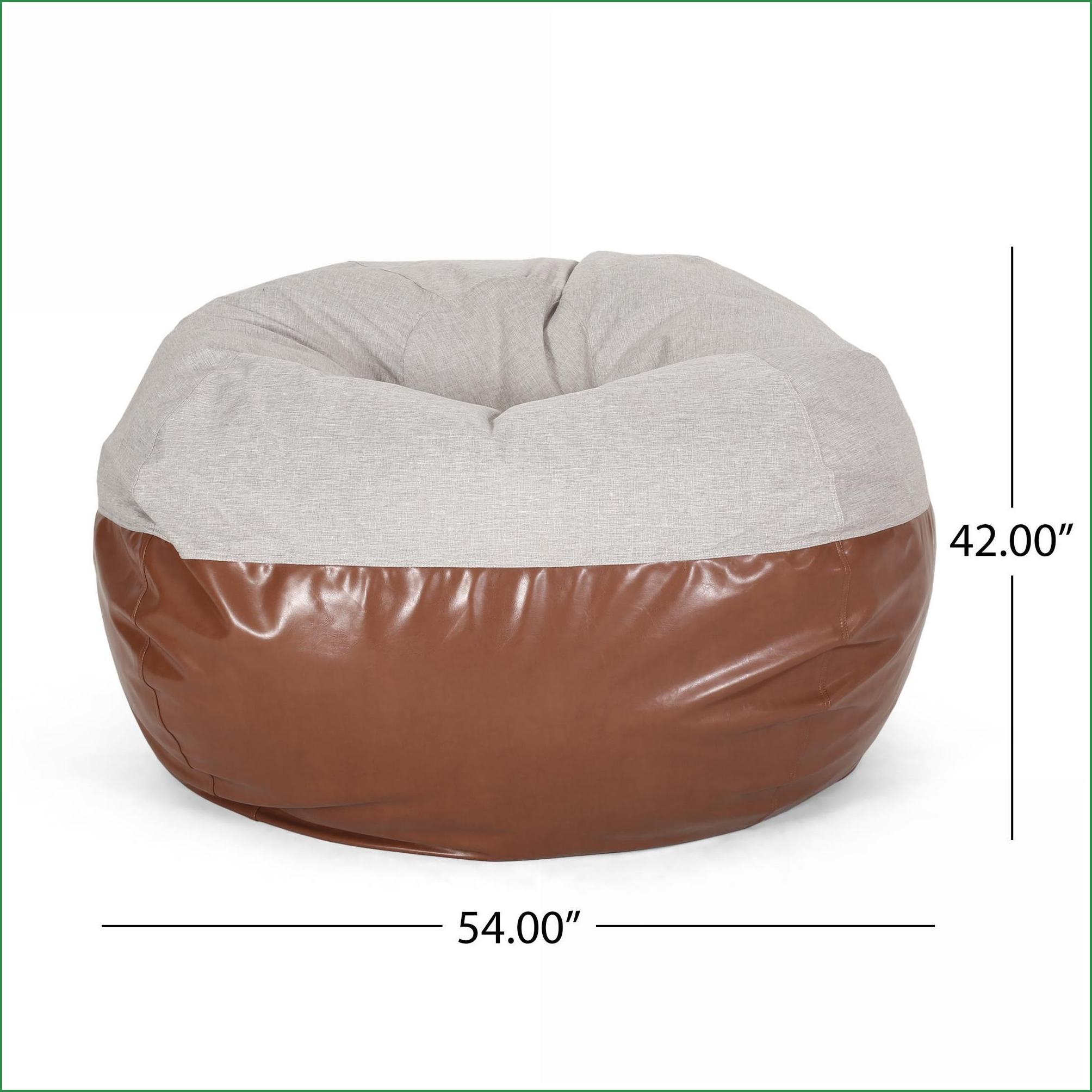 5 Foot Bean Bag Chair for Adults – Fabric & Faux Leather Lazy Sofa | Light Grey+Brown | Round