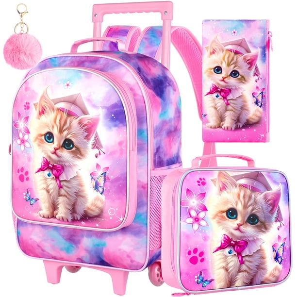 Mochila con Ruedas AGSDON 3 PIEZAS para Niñas con Diseño de Gato y Lonchera