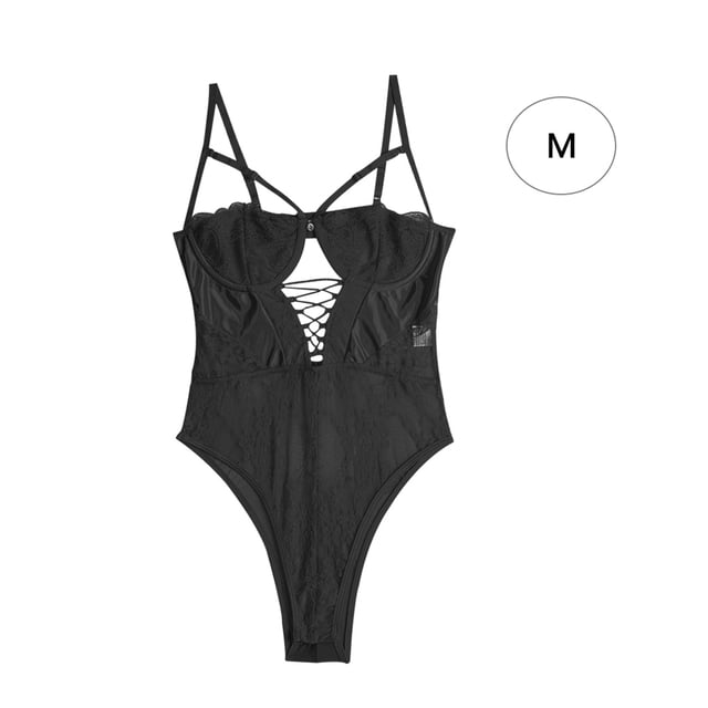 Lencería delgada para mujer Ropa de dormir sexy para mujer Body de encaje con tiras, M, Negro seitruly XX000067-07