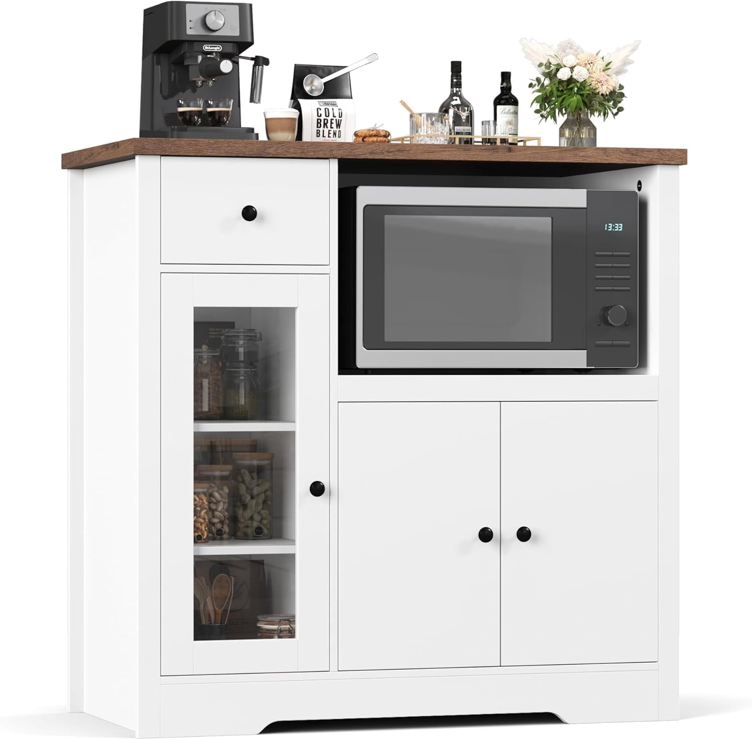 Senfot Kitchen Microwave Cabinet/Stand with 3 Doors and 1 Drawer, Pantry Storage Cabinet,Buffet Cabinet Sideboard with Adjustable Shelves, for Kitchen, Dining Room, Living Room, Hallway In White