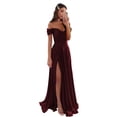thumbnail image 1 of Vestido de fiesta GODCUN satinado en A con cuello en V y hombros descubiertos, color burdeos, 1 of 7