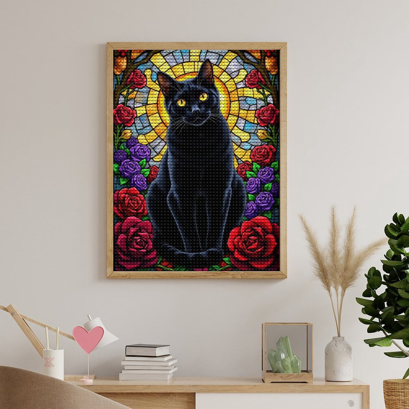 Diamond Art Kits for Adults, Black Cat Stained Glass Roses 5D Diamond Painting Kits for Adults Beginners, DIY Full Drill Diamond Painting, Gem Art and Crafts 12x16