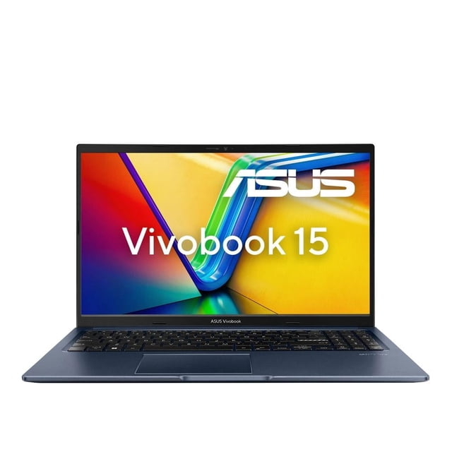 laptop asus vivobook x1502za-ej1373w intel core i5 gen 12a 16gb ram 512gb sdd Azul, vista frontal centrada con pantalla abierta 15.6" FHD mostrando fondo colorido, teclado numérico y panel táctil visibles, chasis delgado en acabado azul y cámara 720p en el marco superior; adecuada para estudio, trabajo y entretenimiento y a menudo usada como equipo portátil para viajes.