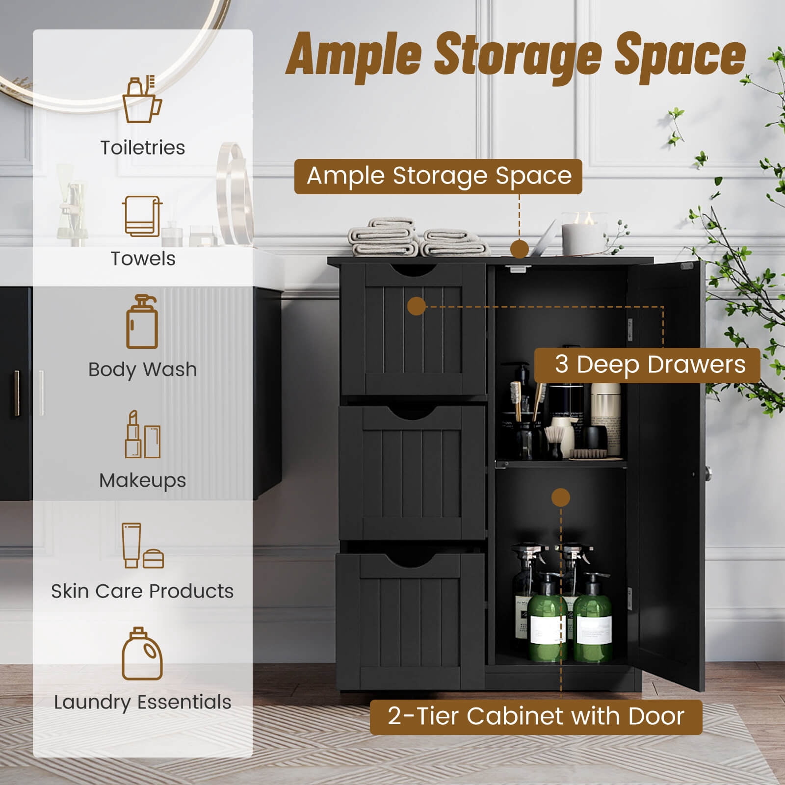 Costway Bathroom Floor Cabinet Side Storage Cabinet, Black, 12''