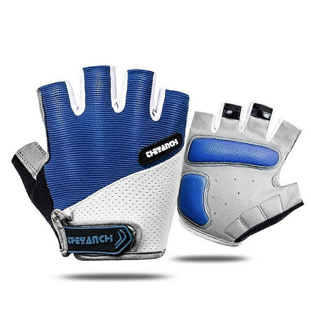 cycling gloves fingerless luva ciclismo bicycle gloves mens women anti-slip fitness guantes de ciclismo sin dedos azul y gris, vista 3/4 frontal y palmar, medio dedo con palma acolchada antideslizante, refuerzos y cierre velcro ajustable en tejido y nylon, talla M/L/XL; también aptos para entrenamiento en gimnasio o spinning.