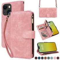 ELEHOLD for iPhone 15 Plus Wallet Crossbody Case,Large Capacity Card Slots Zipper Purse Kickstand Function Magnetic Clasp Shoulder Strap Wrist Lanyard Flip Leather Case for iPhone 15 Plus,Pink