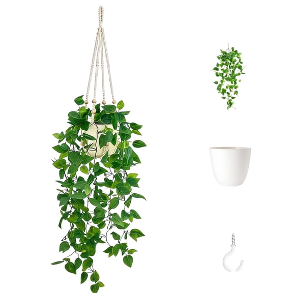 Mkono Artificial Hanging Pothos Plant with Macrame Hanger, 2.5ft Faux Greenery in Pot for Indoor Boho Home Decor
