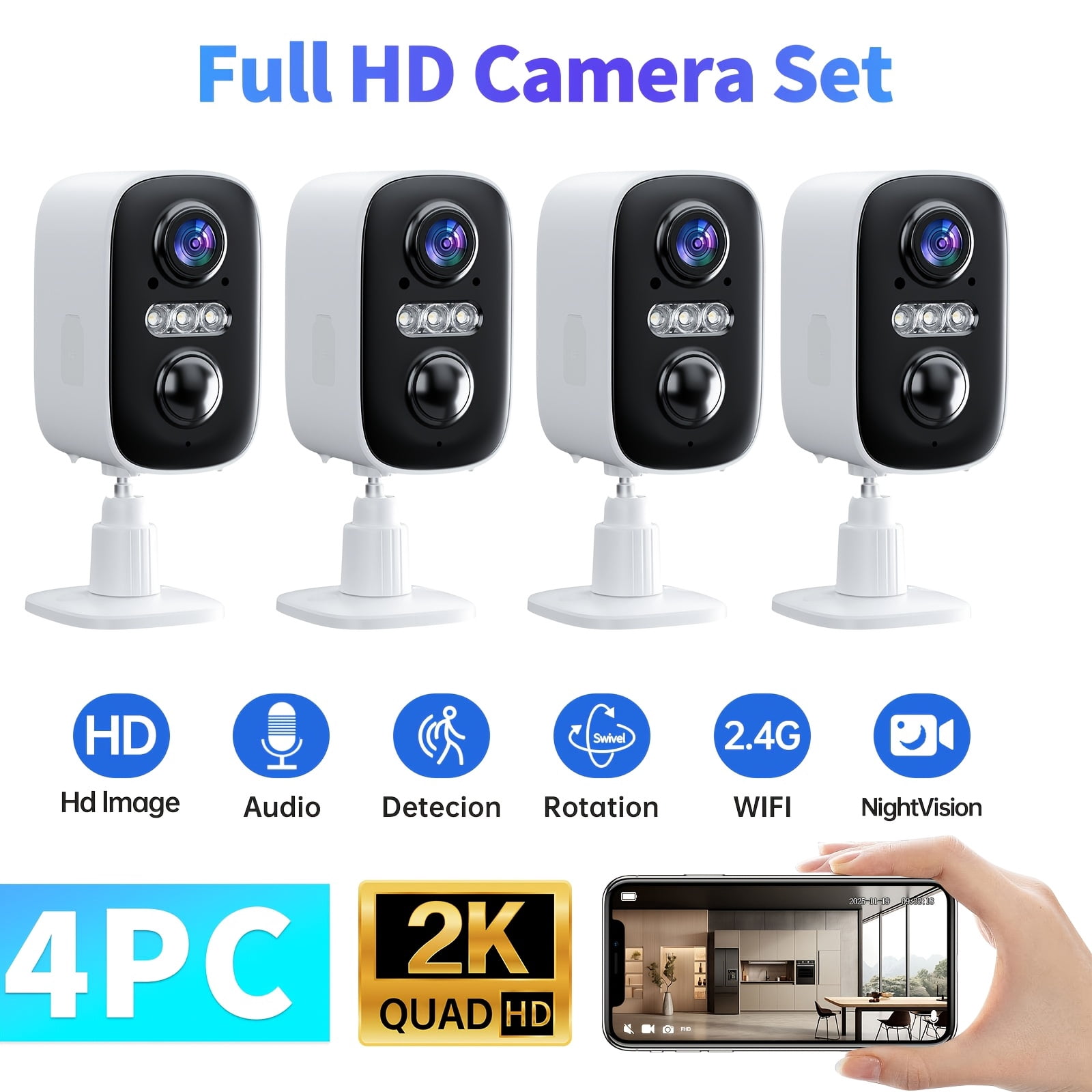 4Pcs Indoor Security Camera Set, 2K HD with Spotlight Alarm, AI & RFID Detection, Color Night Vision, 3D Noise Reduction, Wired Charging, Anti-Theft Home Surveillance