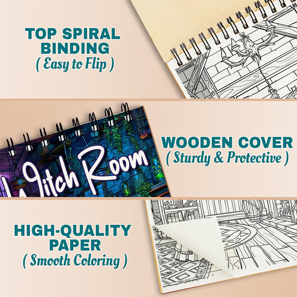 Netecom Witch Room Coloring Book for Adults, A5 Wooden Cover, 30 Magical Coloring Pages of Witchy Interiors Designs for Stress Relief and Relaxation, Spiral Bound Edition
