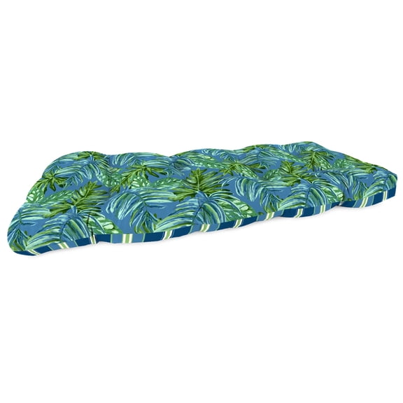 Jordan Manufacturing 43" x 19" Sullivan Blue Stripe and Fulton Shale Blue Leaves Reversible Rectangular Tufted Outdoor Wicker Settee Bench Cushion