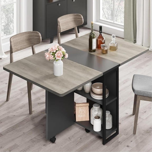 Expandable Rolling Dining Table with Drop-Down Leaves, Mobile Kitchen Table with 6 Casters, Double-Tier Storage Shelves, Compact Table for Apartments & Small Rooms