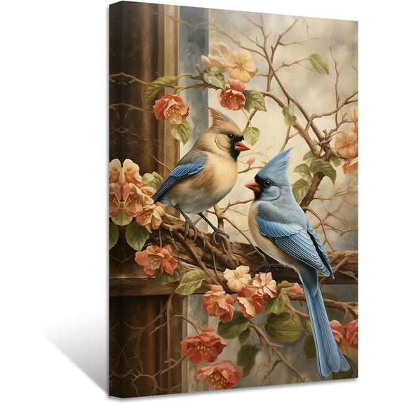 ZHONGYUTONG Cardinal Picture Wall Art Cardinal on Branch Canvas Prints Rustic Elegant Bird with Vintage Flower Paintings Winter Animal Artwork Home Decor Framed (12.00" x 18.00")