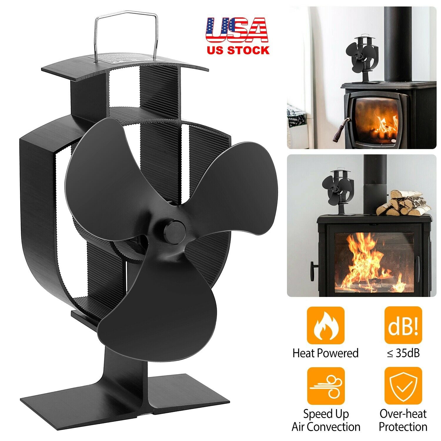 Heat Powered STOVE FAN 3 Blade Aluminum Thermoelectric Wood Log Burner Fireplace 