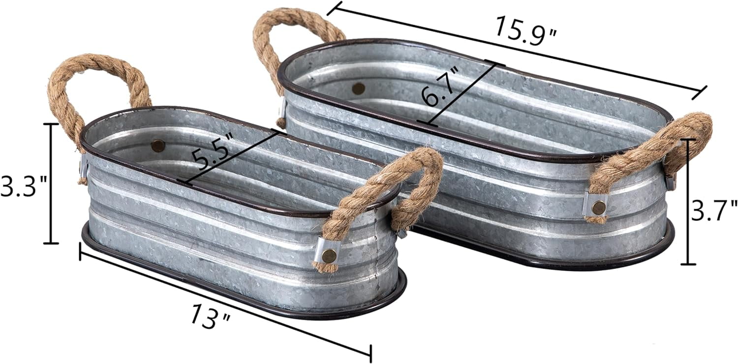 SOFE Small Oval Galvanized Planters Galvanized Bucket Set of 2, Planters for Indoor Outdoor Plants with Rope Handles, Galvanized Tub Metal Flower Pot, Farmhouse Home Decor for Outdoor Party Wedding