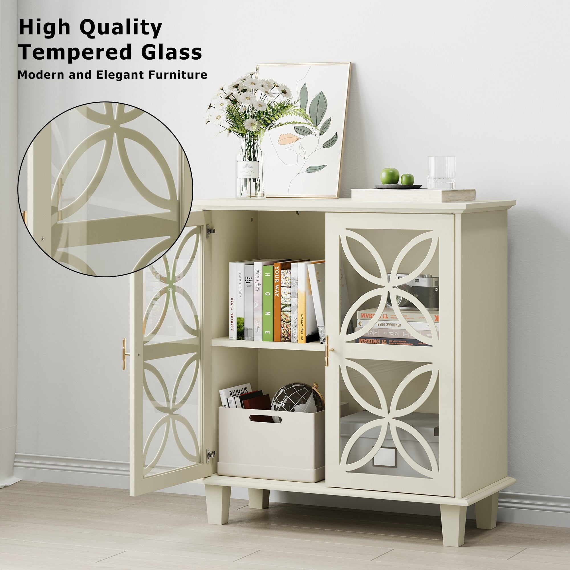 Sailvan Sideboard Buffet Storage Cabinet, Freestanding Bathroom Cabinet with Tempered Glass Doors
