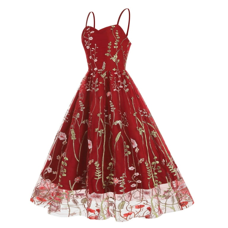 Brglopf Womens Floral Embroidery Sheer Mesh Dresses Spaghetti Strap Vintage  Cocktail Party Dress Wedding Prom Evening Swing Dress Red XXL - Walmart.com
