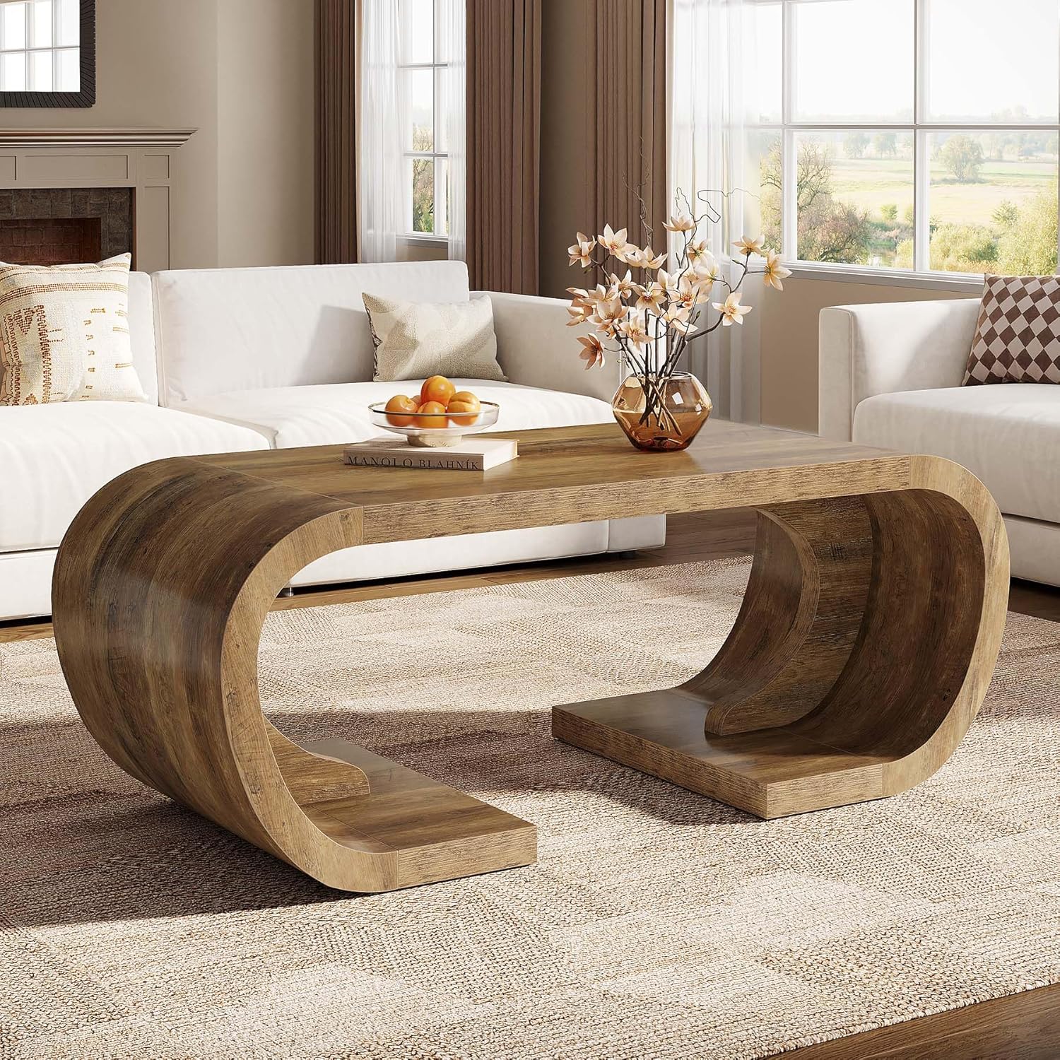 Finmind Farmhouse Coffee Table, 47" Rustic Brown C-Shaped Center Table with Curved Base for Living Room, Entertainment Space, Home Office
