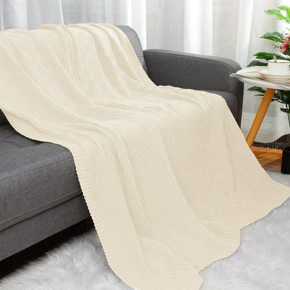 PiccoCasa 100% Cotton Cross Cable Knit Throw Blanket For Sofa Couch Bed Home Bedding, Beige 47"x 70"