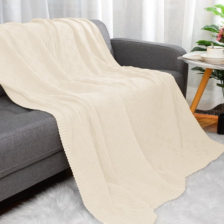 PiccoCasa 100% Cotton Cross Cable Knit Throw Blanket For Sofa Couch Bed Home Bedding Beige 47 x 70