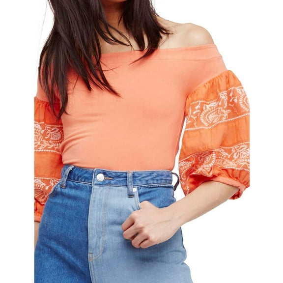 Free People Womens Rock With It Embroidered Knit Blouse, Orange, X-Small