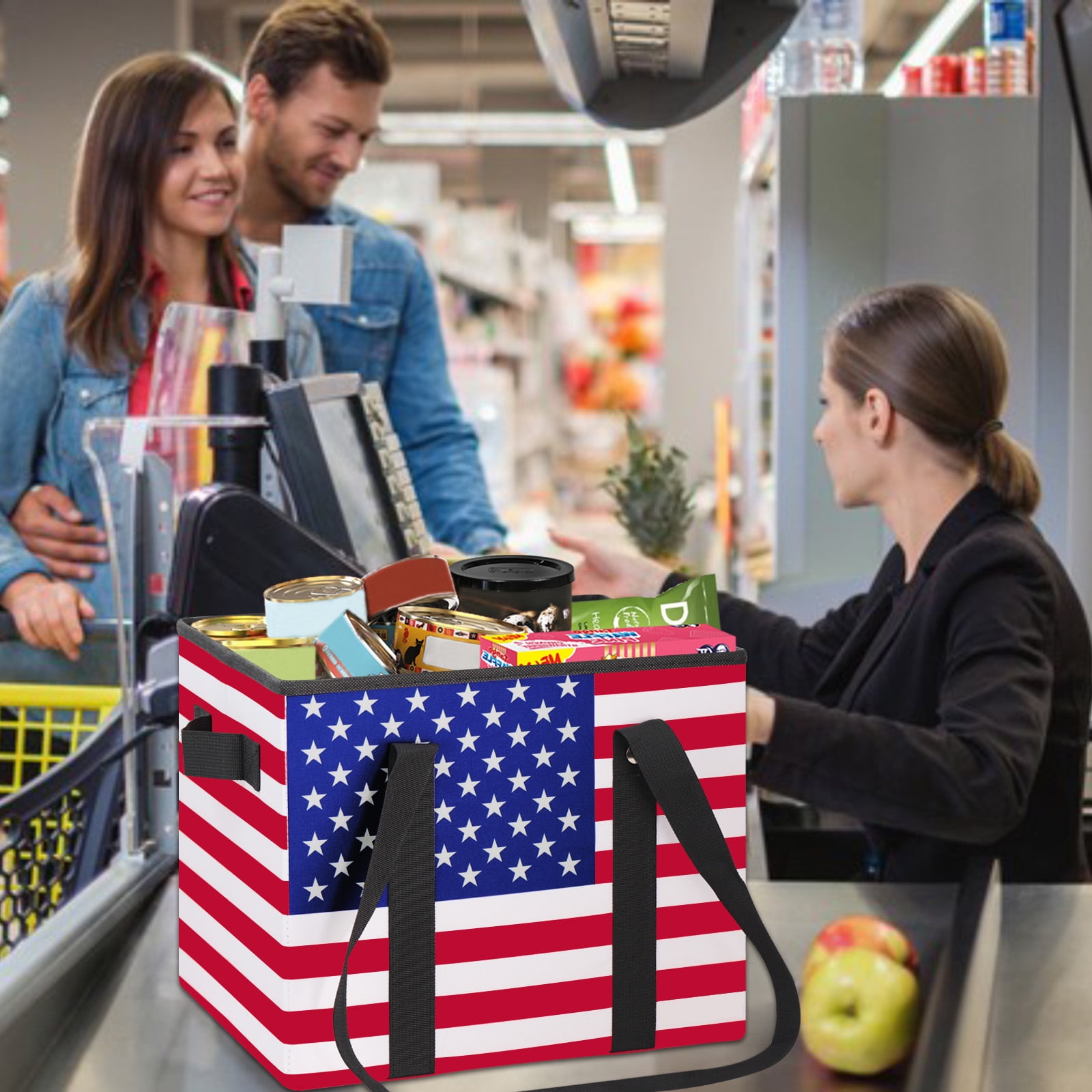 Reusable Grocery Bags (3 Pack) – Heavy Duty Reusable Shopping Bags with Box Shape to Stand Up, Stay Open, Fold Flat – Large Tote Bags are Foldable with Long Handles & Hard Bottom