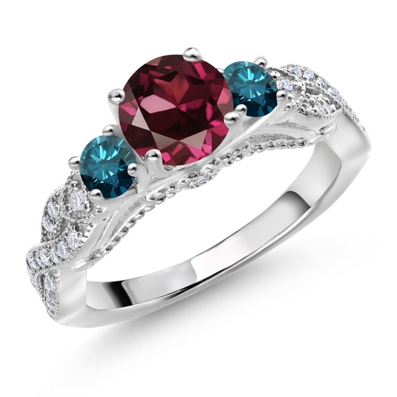 Gem Stone King 925 Sterling Silver Red Rhodolite Garnet Blue Diamond and White Moissanite Engagement Ring for Women (1.47 Cttw, Gemstone January Birthstone, Round 6MM and 3MM, Size 8)