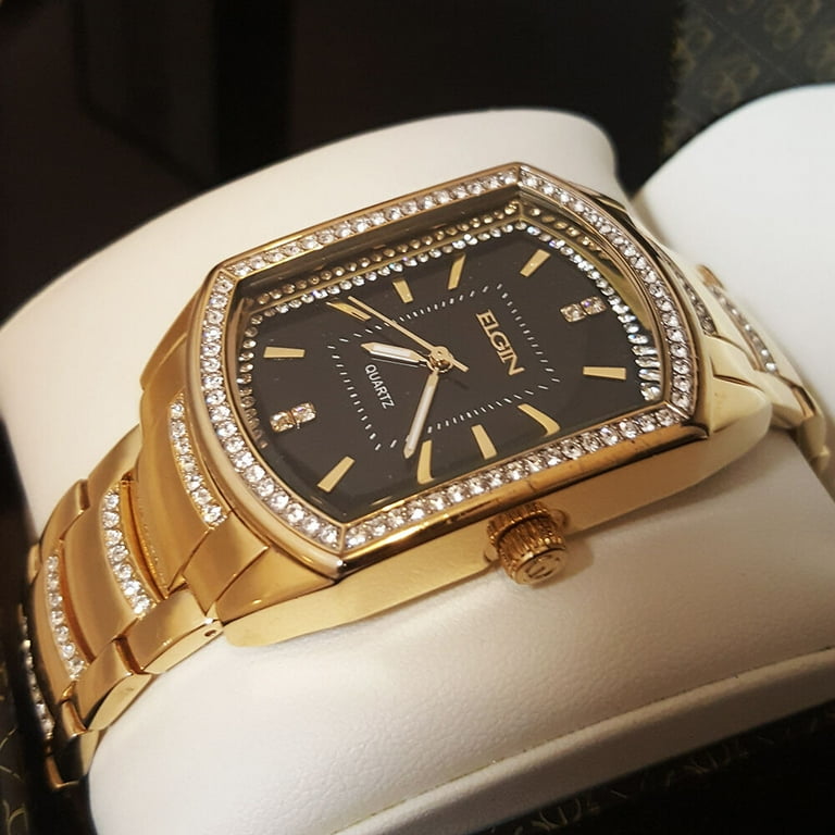 Mens Gold Tone Bling Iced CZ Elgin Rectangle Dress Analog Metal Band Watch Walmart